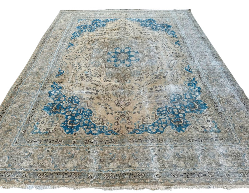 DISTRESSED VINTAGE TEBRIZ RUG HAND MADE PERSIAN WOOL CARPET BEIGE 12'7" x 9'5" gallery