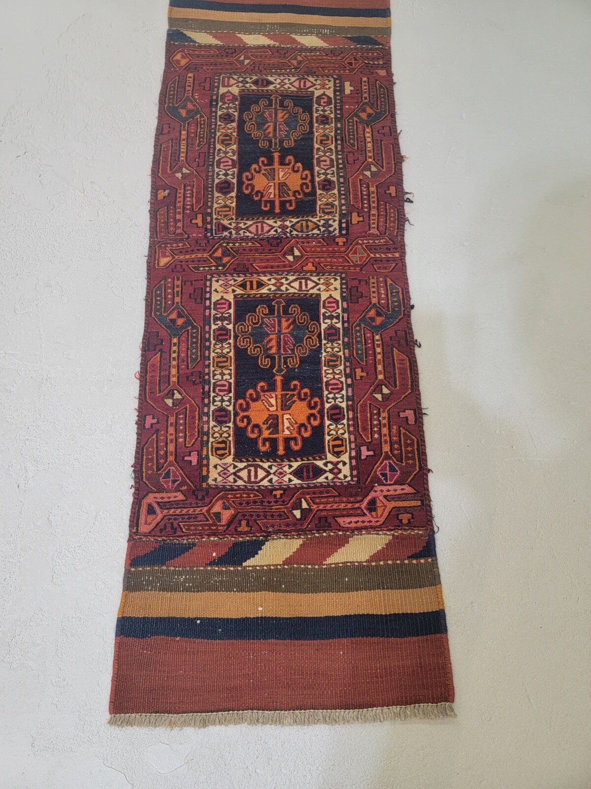 Antique Oriental Hand-Knotted Wool Area Rug Red/Blue/Beige/Green 1'6" x 4'8" gallery