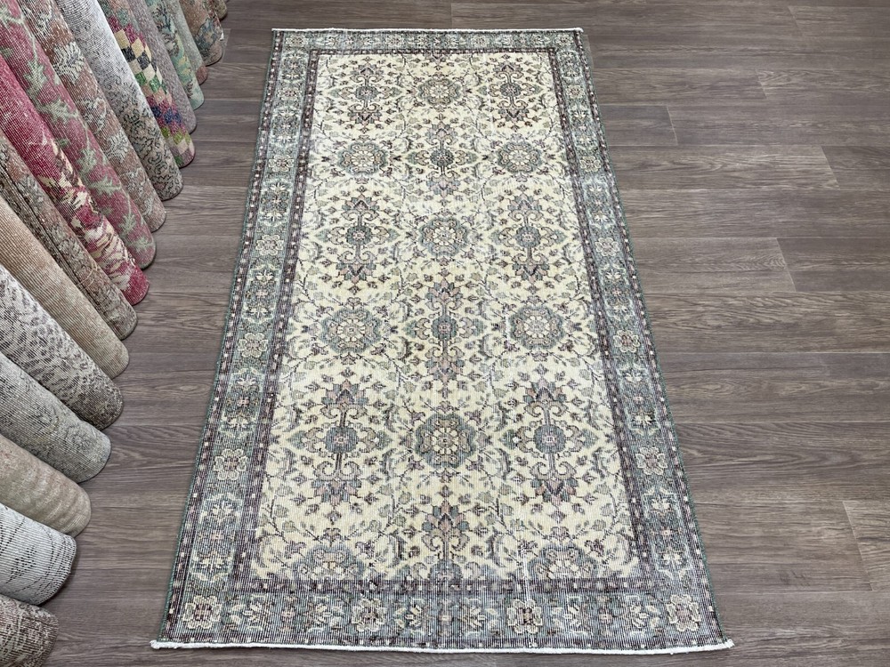 4x7 Turkish Area Rug, Hand Knotted Vintage Rug, Beige Green Brown Oushak Rug