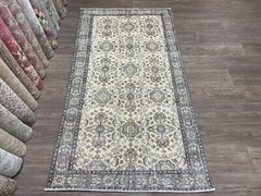 4×7 Turkish Area Rug, Hand Knotted Vintage Rug, Beige Green Brown Oushak Rug