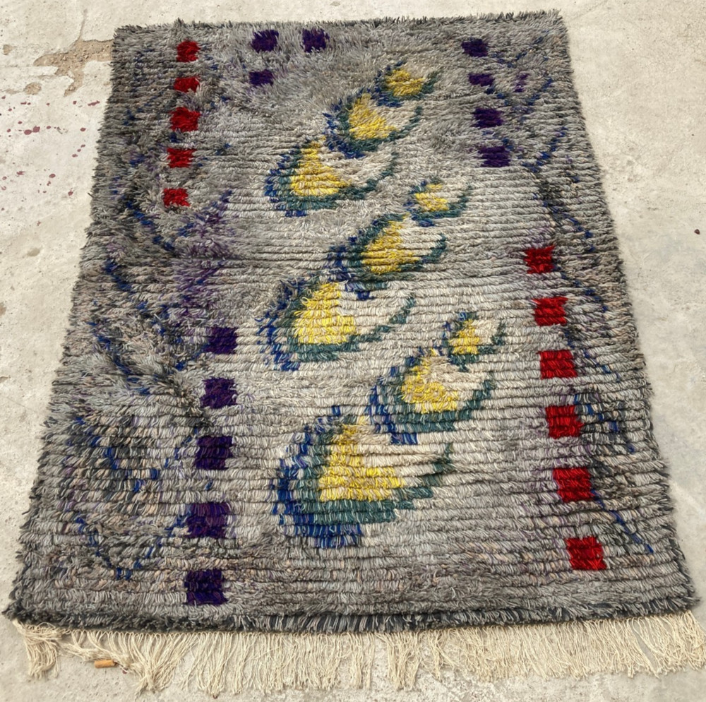 Authentic Antique Rya Rug Handmade Wool Scandinavian Multicolor Carpet 128x96 cm