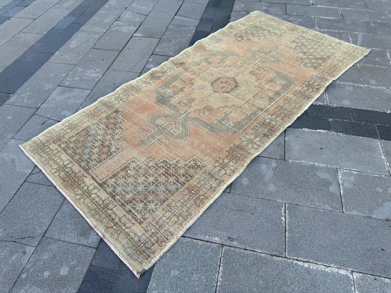 Vintage Oushak Rug 4.2x9 ft Beige Taupe Turkish Rug Distressed Wool Carpet gallery