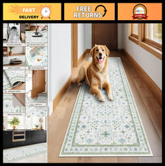 Boho Floral 3×8 Wide Hallway Runner Rug – Cream Green, Washable, Non-Slip, Stain