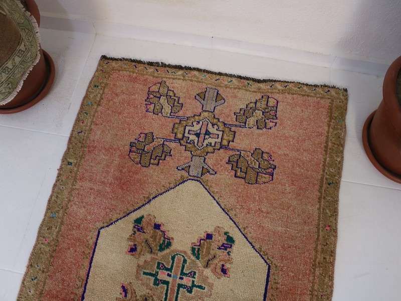 3x7 Pink Brown Runner Rug, Handmade Turkish Rug, Vintage Geometric Mat, 2.8x7.3 gallery