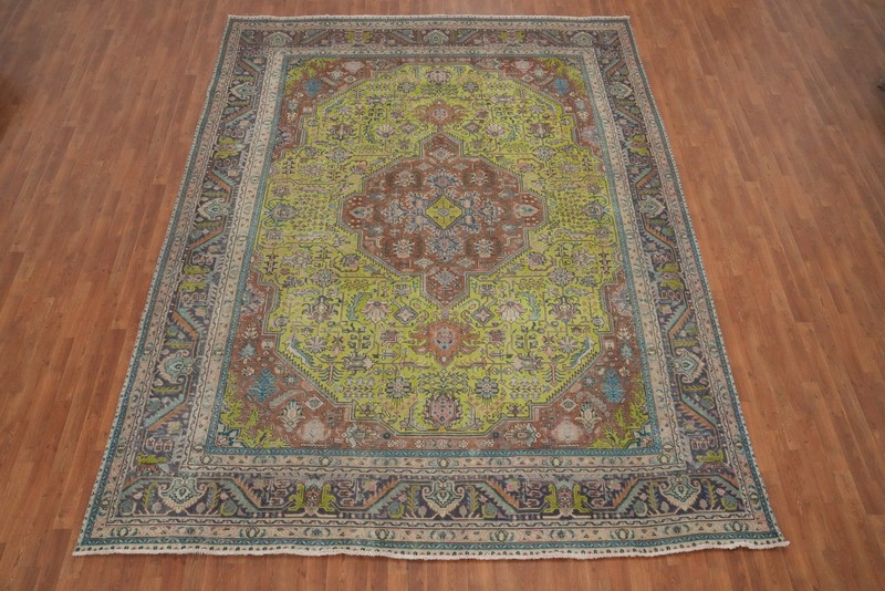 Over-Dyed Light Green Geometric Traditional Hand-knotted Room Size Rug 10x13 gallery