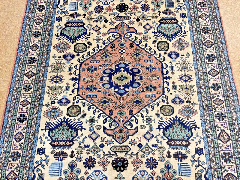 Ardebil Vintage Tribal Geometric Hand Knotted Wool Rug 6x9 Ivory Oriental Boho gallery