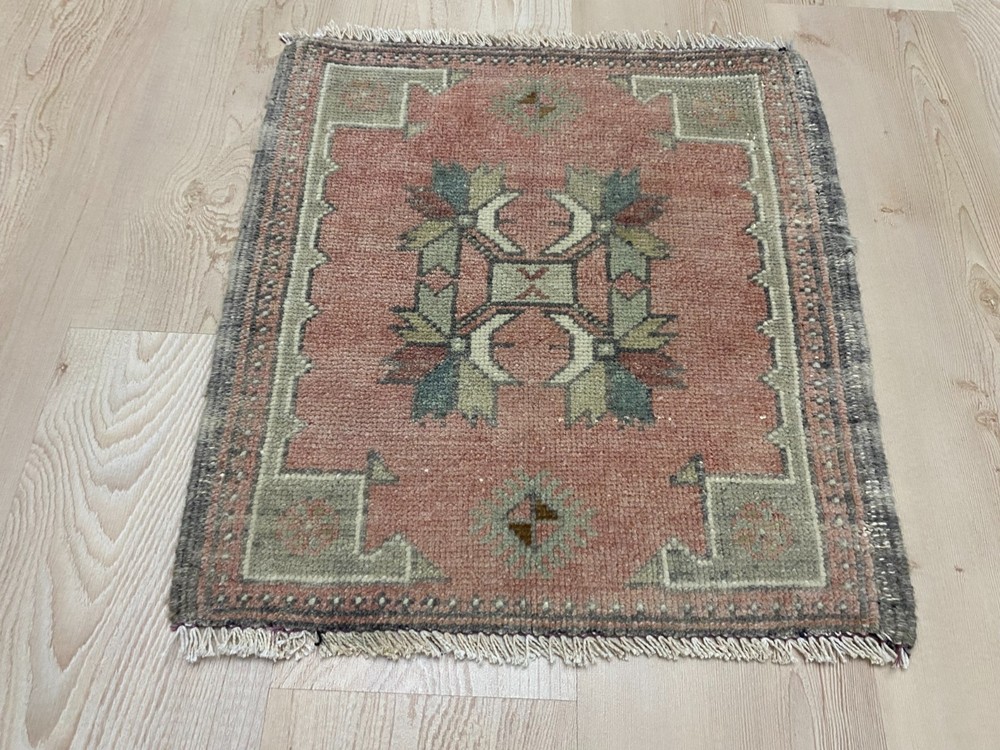 Pastel Turkish Square Accent Rug Handwoven Wool Pink Green 1.6x1.7 ft