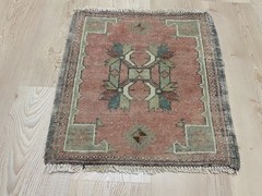 Pastel Turkish Square Accent Rug Handwoven Wool Pink Green 1.6×1.7 ft