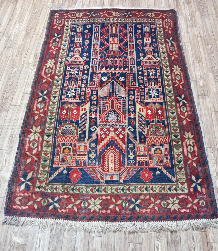 Vintage Afghan Prayer Rug 5x3 ft – Handwoven Wool Mosque Design Tribal Carpet gallery