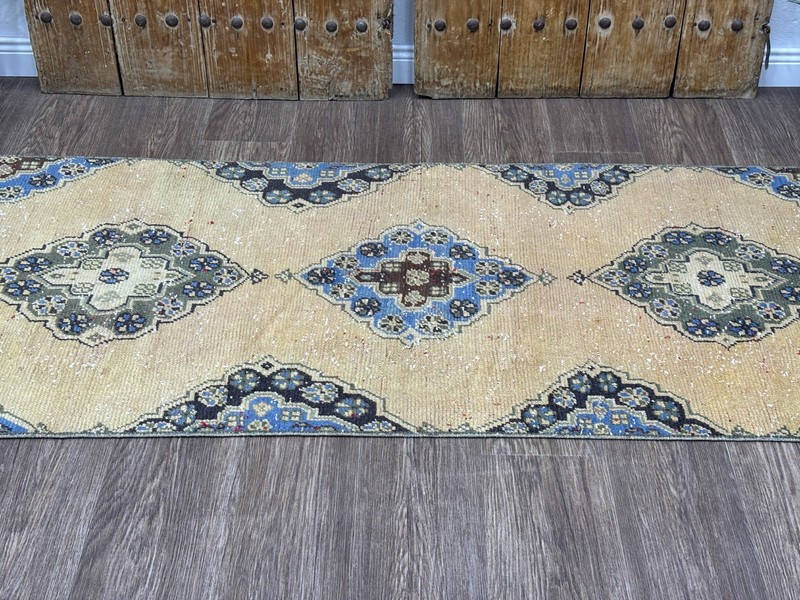 3x10 Hand-Knotted Beige Blue Green Vintage Turkish Oushak Hallway Runner Rug gallery