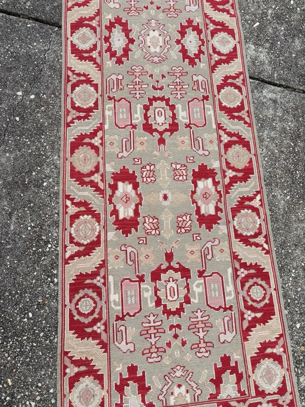 Vintage Turkish Oushak Rug Runner Handmade Wool 10.2 X 2.7ftRed Beige White Pink gallery