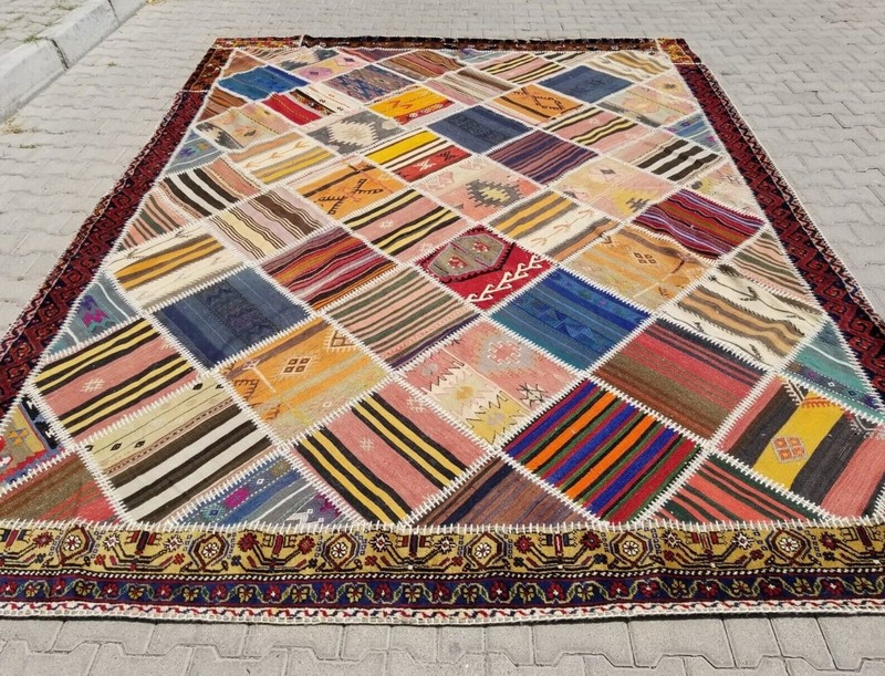 Beautiful Antique Multi-Colored Wool Pile Tribal Area Patchwork Rug 8x12ft gallery