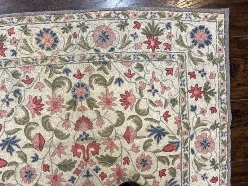 Hand Stitched Indian Rug 4x5, Floral, Vintage Hand Embroidered Rug gallery