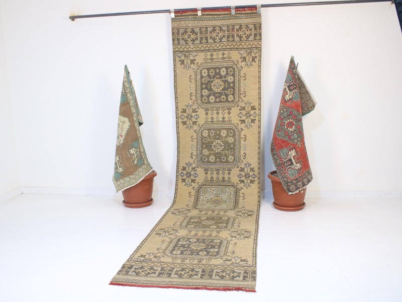 3x11 Ft Beige Runner Rug, Handmade Runner, Vintage Muted Hallway Rug, 2.7x10.8 gallery