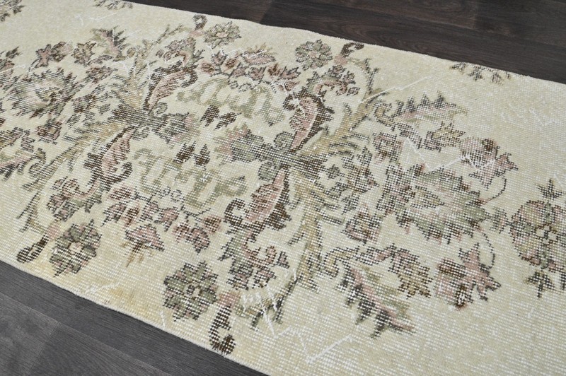 Vintage Turkish Runner Rug 2x7ft BEIGE Handmade Anatolian Oushak Hallway Wool gallery