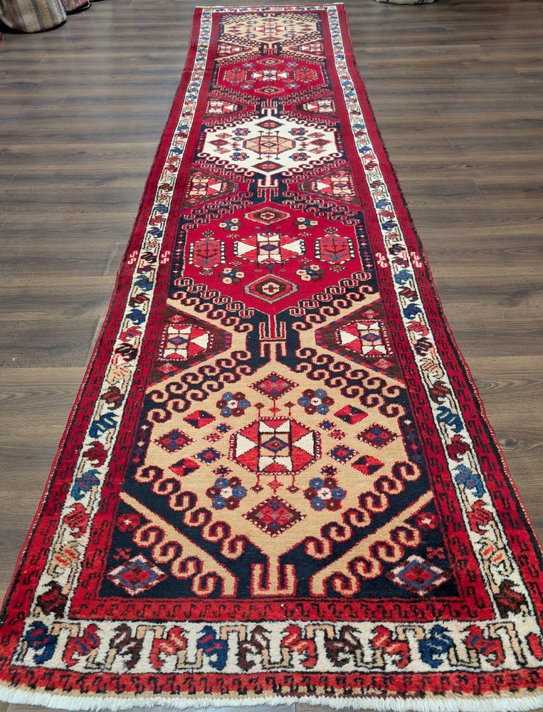 Per'sian Sarab Runner Rug 3.4 x 13.8, Geometric Medallions, Tribal