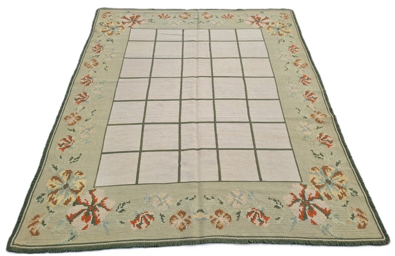 Rare Hand Embroidered Needlework Vintage France Kilm Wool Area Rug 7.5 x 6.1 Ft gallery