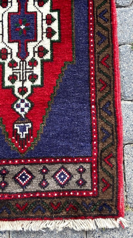 Vintage Turkish Small Rug, 1.8x3.4 ft Red and Blue Carpet, Handmade Kitchen Rug gallery