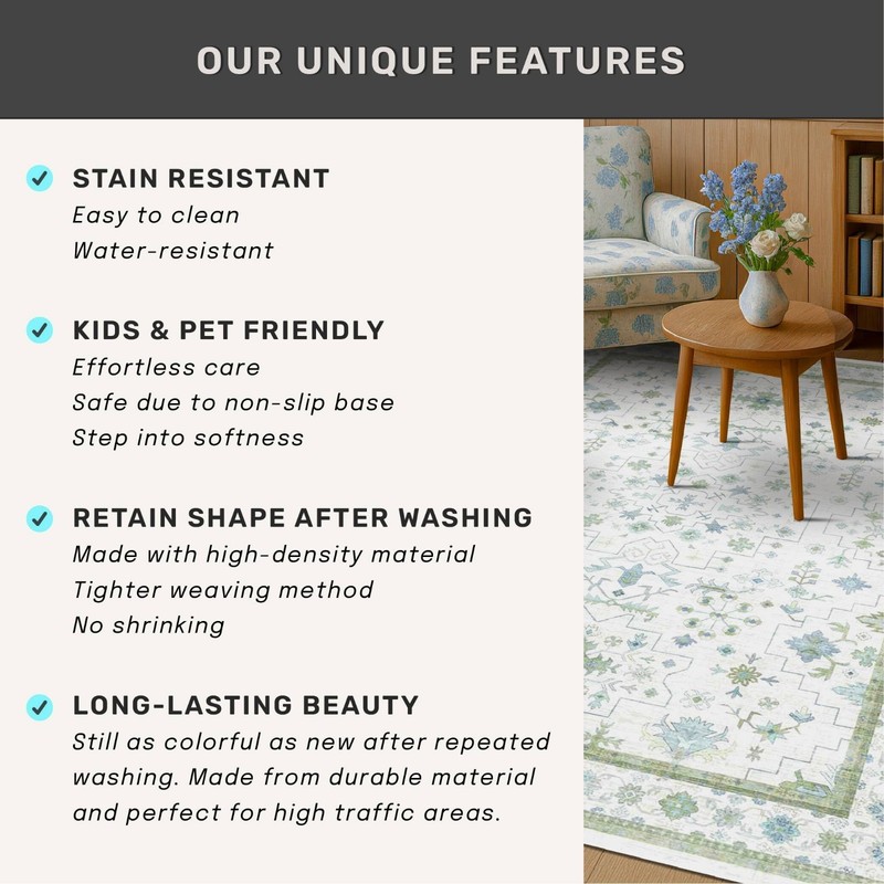 Boho Floral 3x8 Wide Hallway Runner Rug - Cream Green, Washable, Non-Slip, Stain gallery