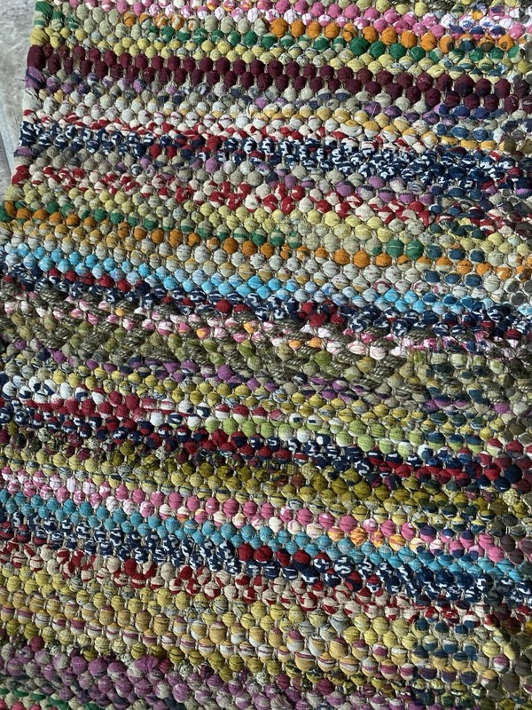 INDIA Rainbow Stripe CHINDI RAG RUG Jute Fringe Boho WORLD MARKET 2’ x 3’ gallery