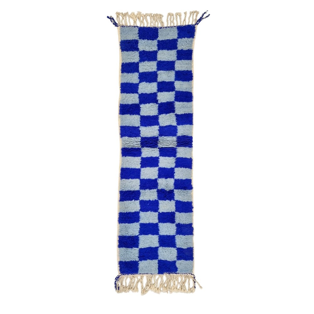 Moroccan Handmade Beni Ourain Runner 2'1x7'2 Berber Checkered Blue Wool Carpet