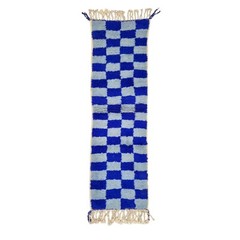 Moroccan Handmade Beni Ourain Runner 2’1×7’2 Berber Checkered Blue Wool Carpet