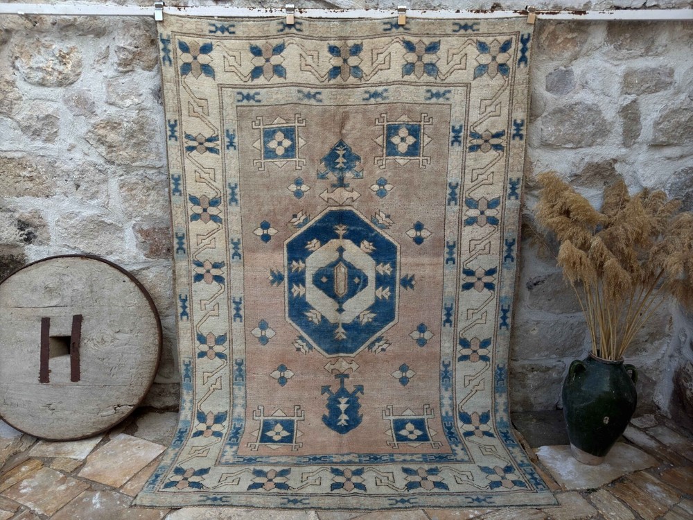 Hand-Knotted Blue Wool Vintage Carpet 6x8 Traditional Anatolia Large Rug Bedroom