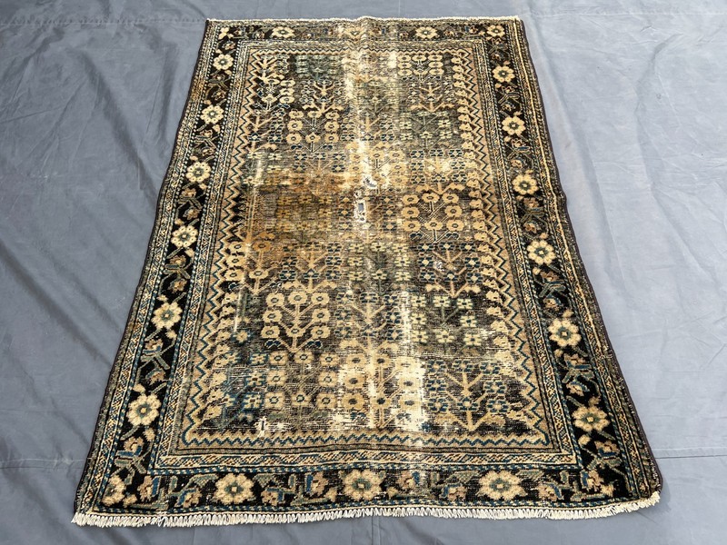 Blue Black Distressed Low Pile Rug 4x5 ft Hand Knotted Floral Vintage Carpet gallery