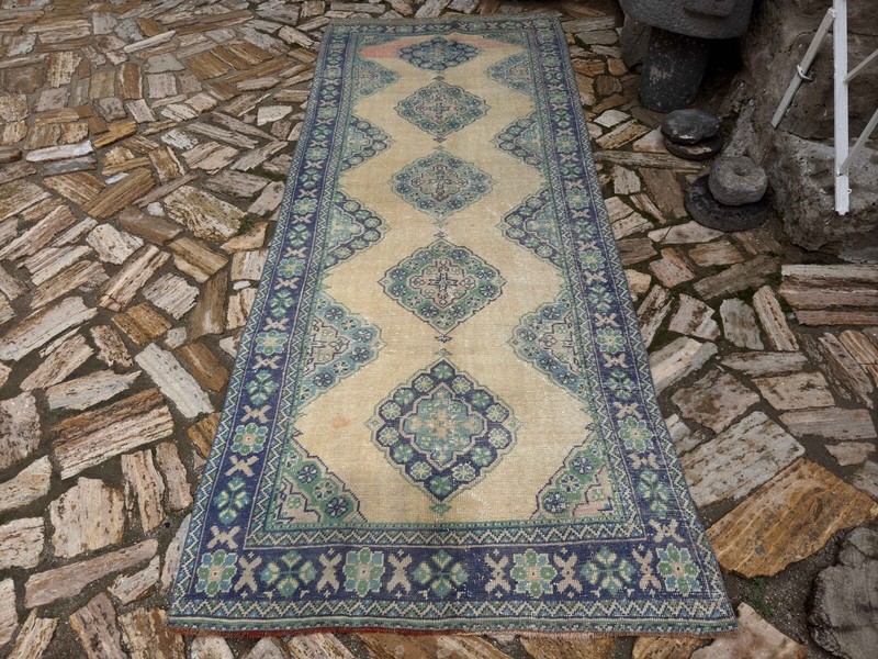 Hand-Knotted Vintage Blue Carpet 4x11 Traditional Muted Area Living Room Rug gallery