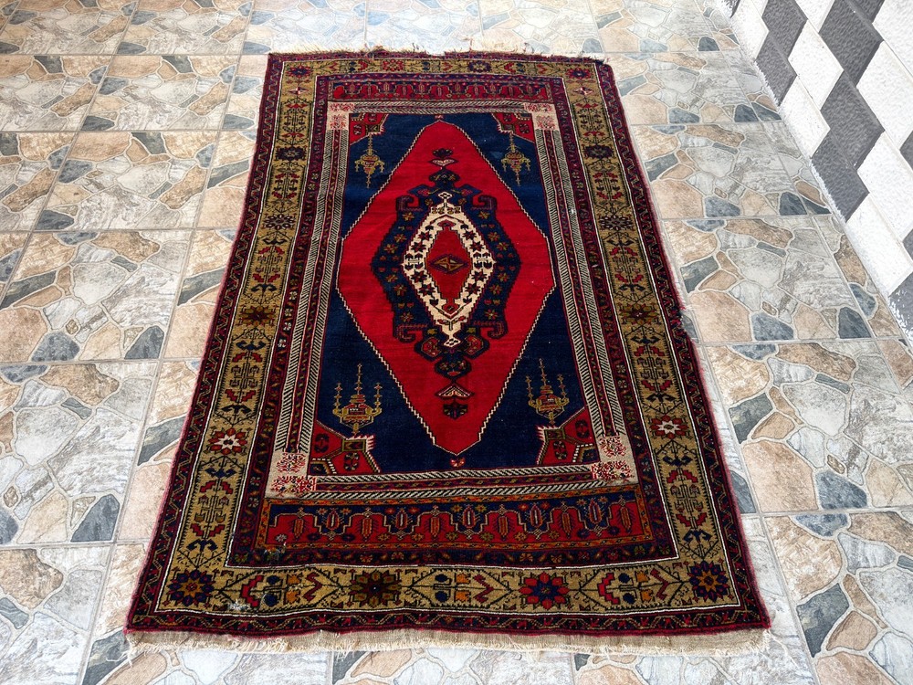 1970s Geometric Turkish Vintage Area, Tribal Handmade Anatolian Rug 4.1x6.5 ft