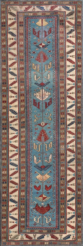 3'x9' Antique Mid 19th Century Light Blue Caucasian Shirvan Hallway Runner Rug