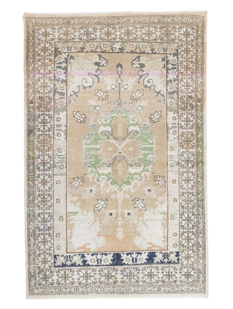 Hand-Knotted Vintage Tribal Faded Wool Rug 4.7x7.2 ft Oushak Turkish Area Carpet