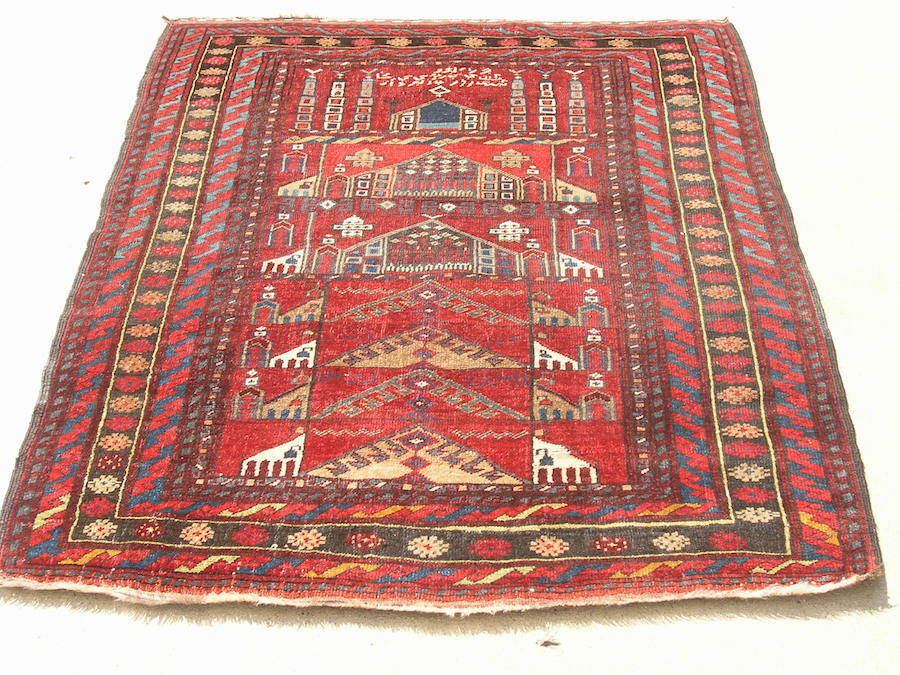 Antique Turkoman Ersari Hand Woven dated Prayer Rug W/ Inscriptions 43x56" 1932 gallery