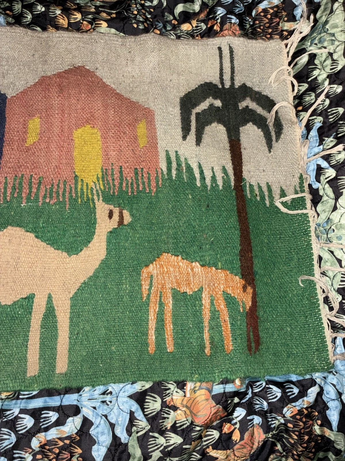 Vintage Wool Pictorial Animal+houses Rug, 35”x 20” gallery