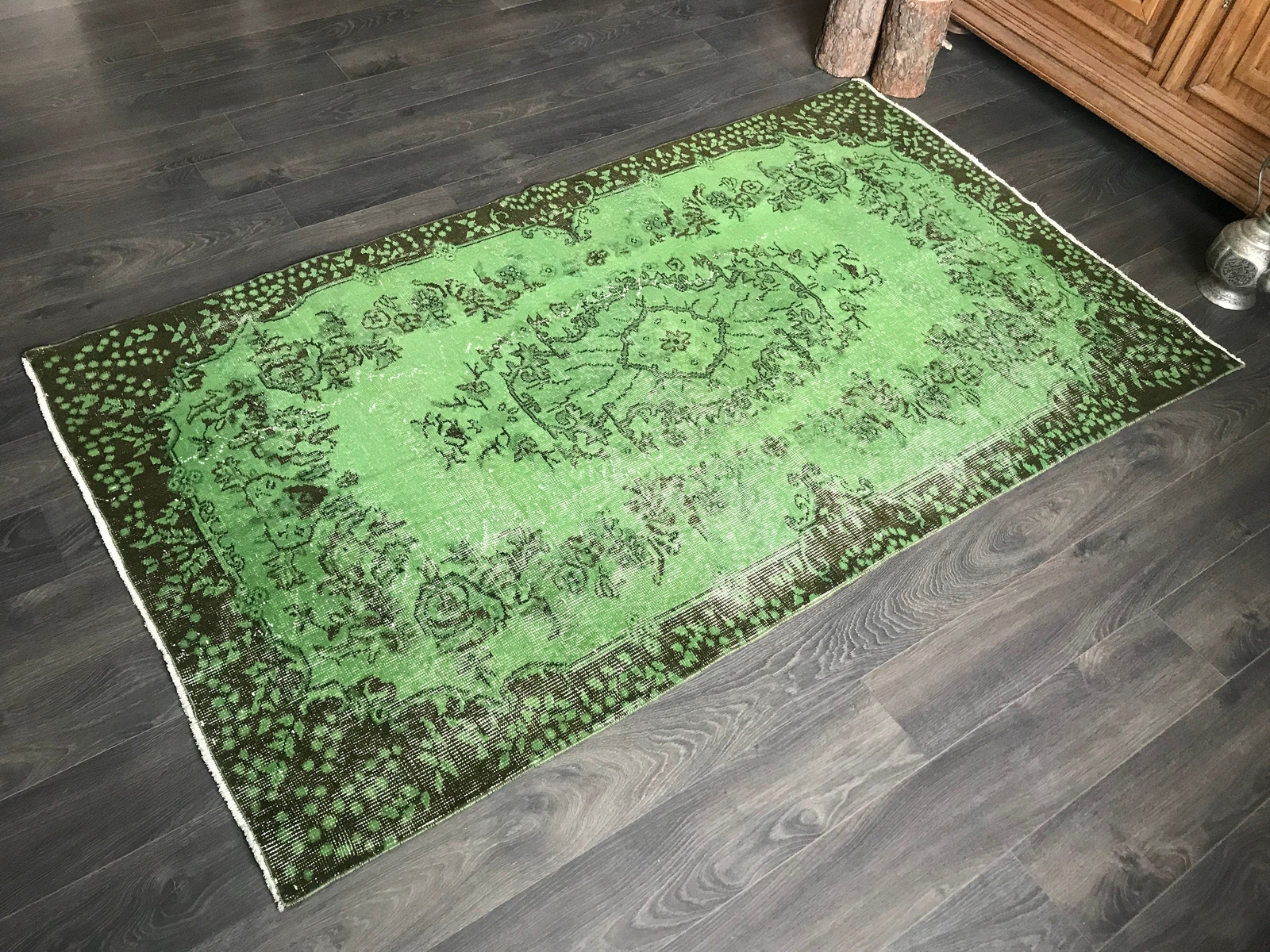 Green Overdyed Rug , Handmade Oushak Rug , Overdyed Vintage Rug , Oriental Turki gallery