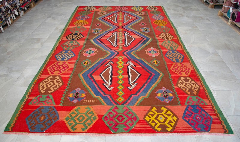 7x13 Rug Hand Woven Turkish Rug LARGE Area Rug Vintage Wool Kilim Cheerful color gallery