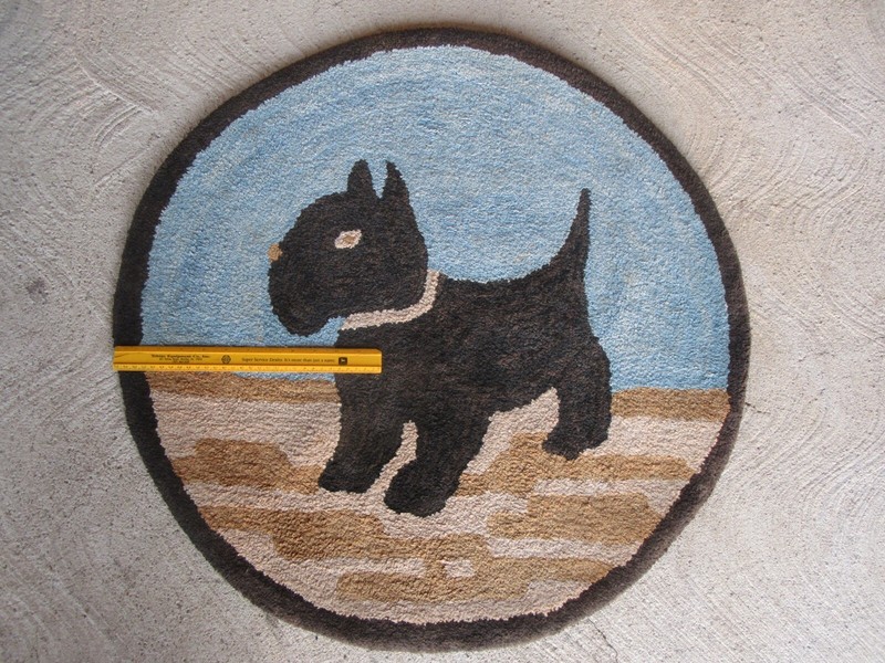 Antique Scottish Terrier Dog Folk Round Hooked Wool Rug (30.5") gallery