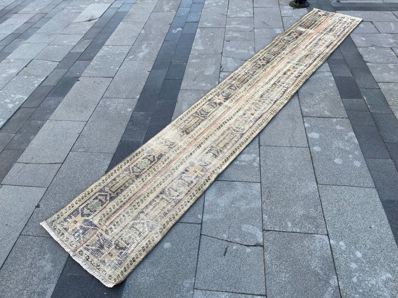 Vintage Turkish Oushak Runner Rug 1.8x11.4 ft Hand-Knotted Beige Indigo Wool gallery