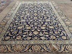 BLUE ORIENTAL RUG 9×11 HAND-KNOTTED ANTIQUE vintage handmade navy blue gold 9×12