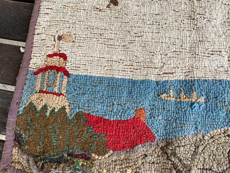 Grenfell c1930's Hand Made Mat Rug Scene Lighthouse, Steam Ship, House, Cliffs gallery