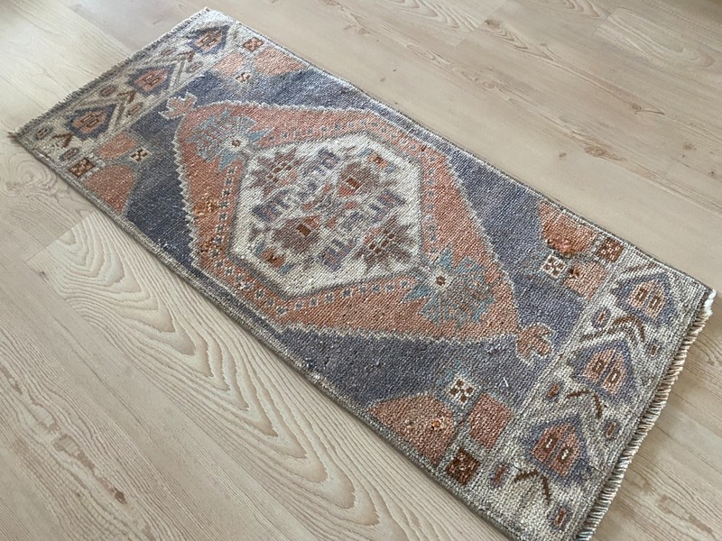 Vintage Anatolian Small Oriental Ethnic Rug 1.4x3.1 ft with Geometric Medallion gallery