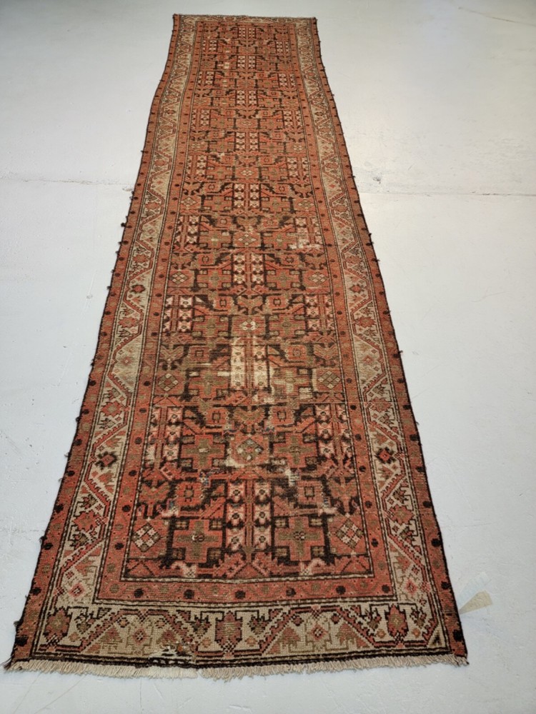 Antique Oriental Hand-Knotted Wool Runner Malayer Rust/Ivory 3'2" x 12'10"