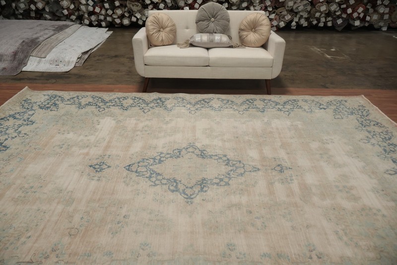 Distressed Blue and Beige Rug with Pink Undertone Handmade Room Size Rug 10x13 gallery