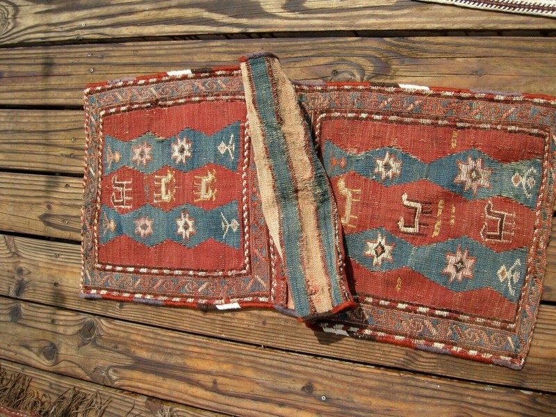 1880 CAUCASIAN ANTIQUE SADDLE BAG SOUMAC WITH ANIMALS gallery