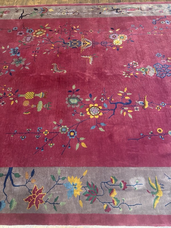 11.5x8.8 FT Vintage Handmade Chinese Art Deco Wool Rug ( C 1920’s) . gallery