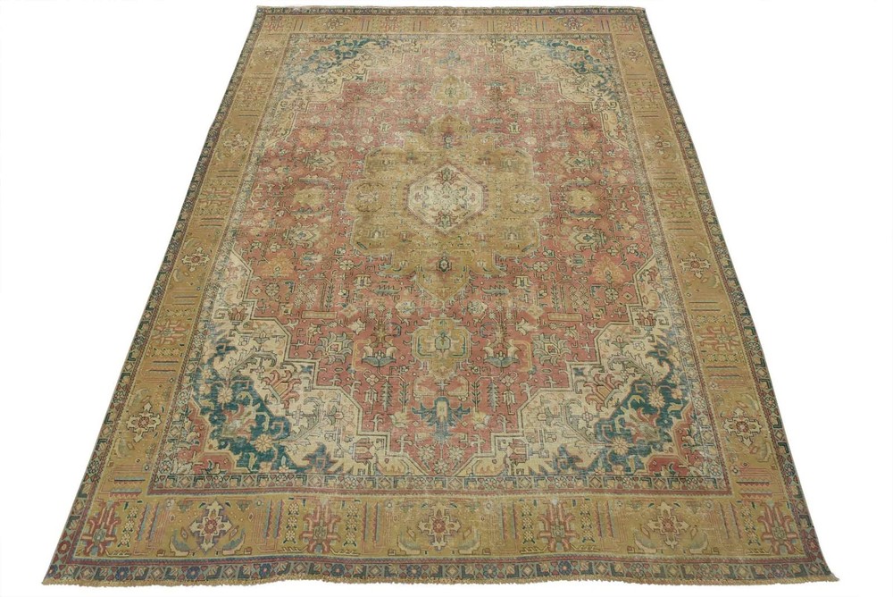 Tabrizi Rug 9’8” x 12’8” Pink Wool Vintage Distressed Hand-Knotted Carpet