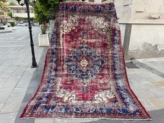 Oversized Turkish Rug 7.2×10.4 ft Vintage Red Medallion Wool Carpet