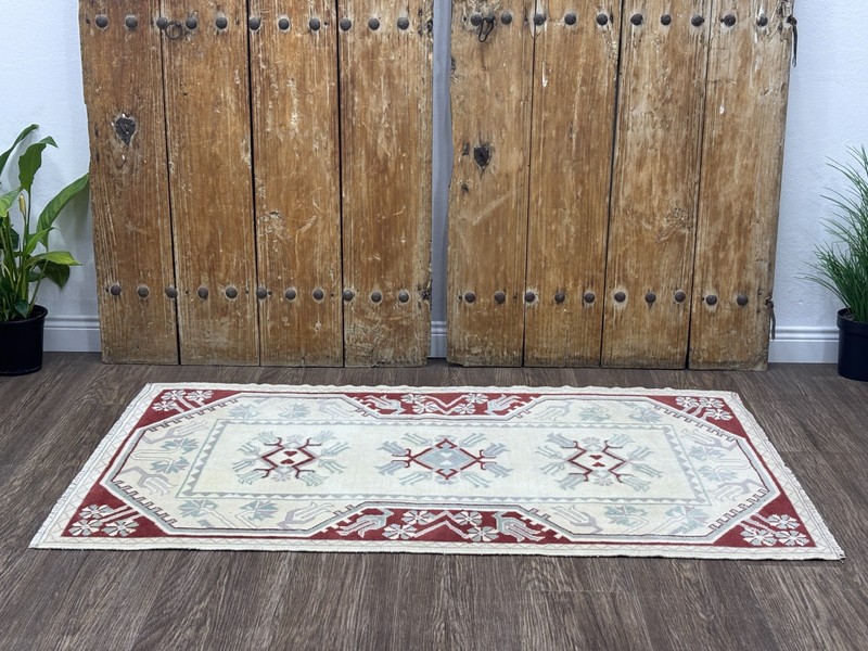 3x5 Vintage Neutral Turkish Rug, Hand-Knotted Antique Wool Rug, White Red Rug gallery
