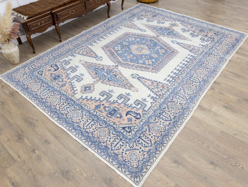 Coastal Boho Rug 8.1x10.10 ft – Blue Peach – Soft Mediterranean Statement Carpet gallery
