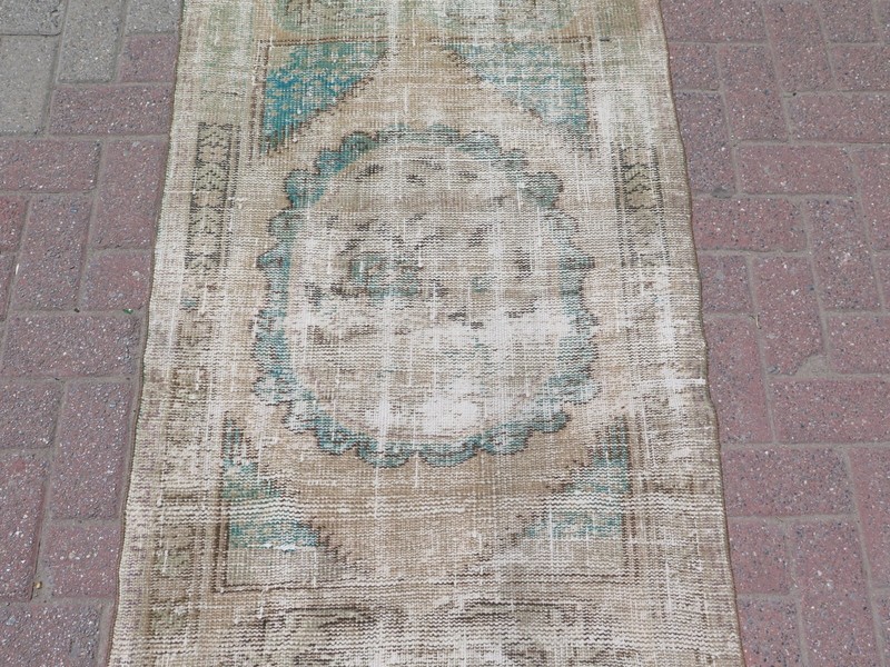 Small Vintage Turkish Distressed Carpet, Handwoven Beige Modern Door Mat 32"x46" gallery
